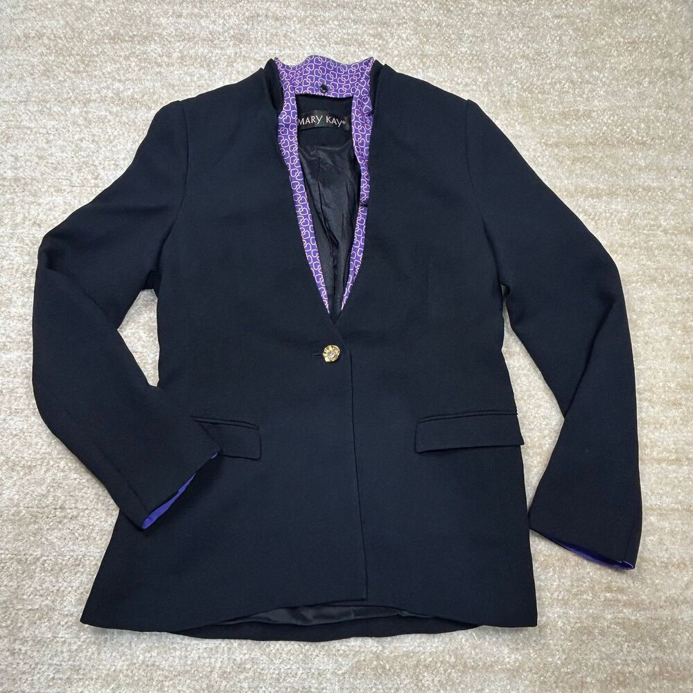 Mary Kay Blazer Womens L Navy Single Button Contrast Heart Print Lined Jacket
